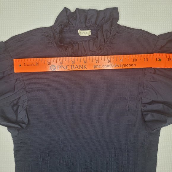 Sunday Up Dress Navy Blue Size Large Smocked Bodice Mock Neck Ruffle Sleeves - Picture 9 of 11